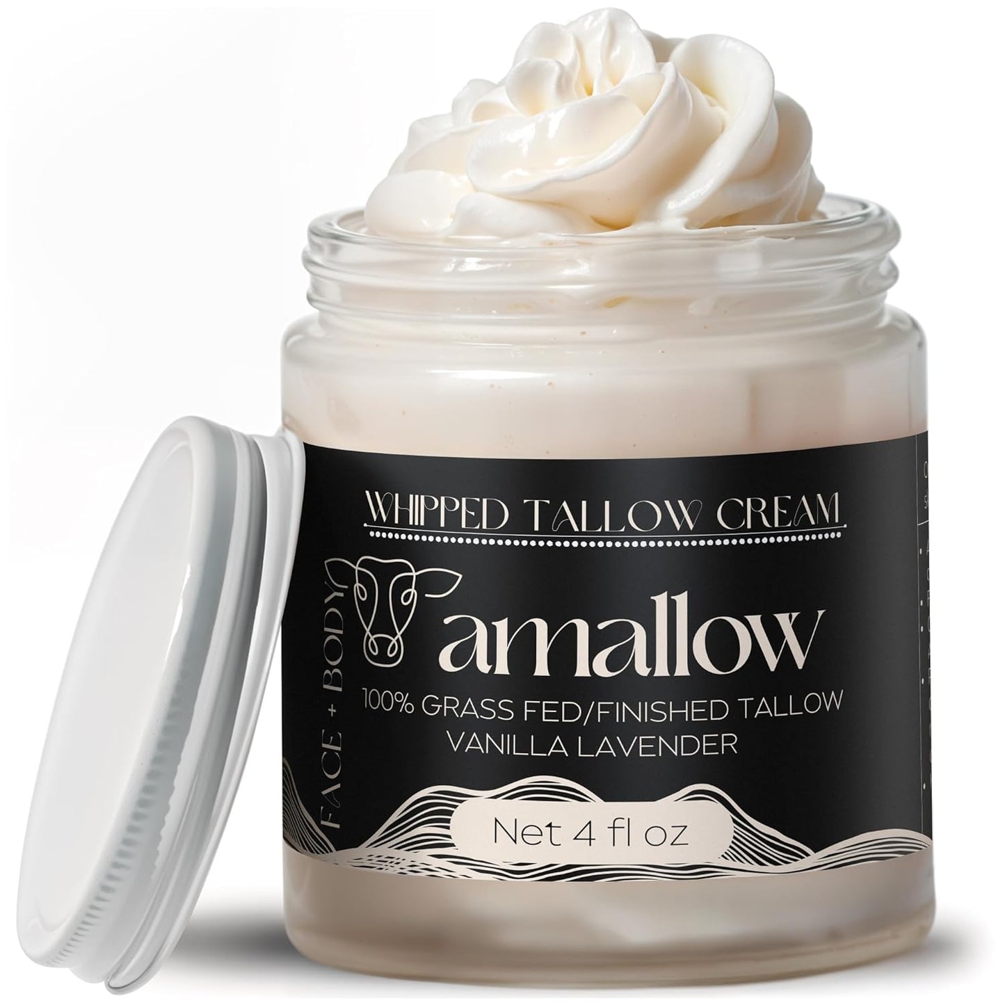 Amallow 100% Grass Fed Beef Tallow for Skin Care - Face + Body - Whipped Moisturizer for Sensitive Skin - Natural Lotion, 4 FL. oz. (Unscented)