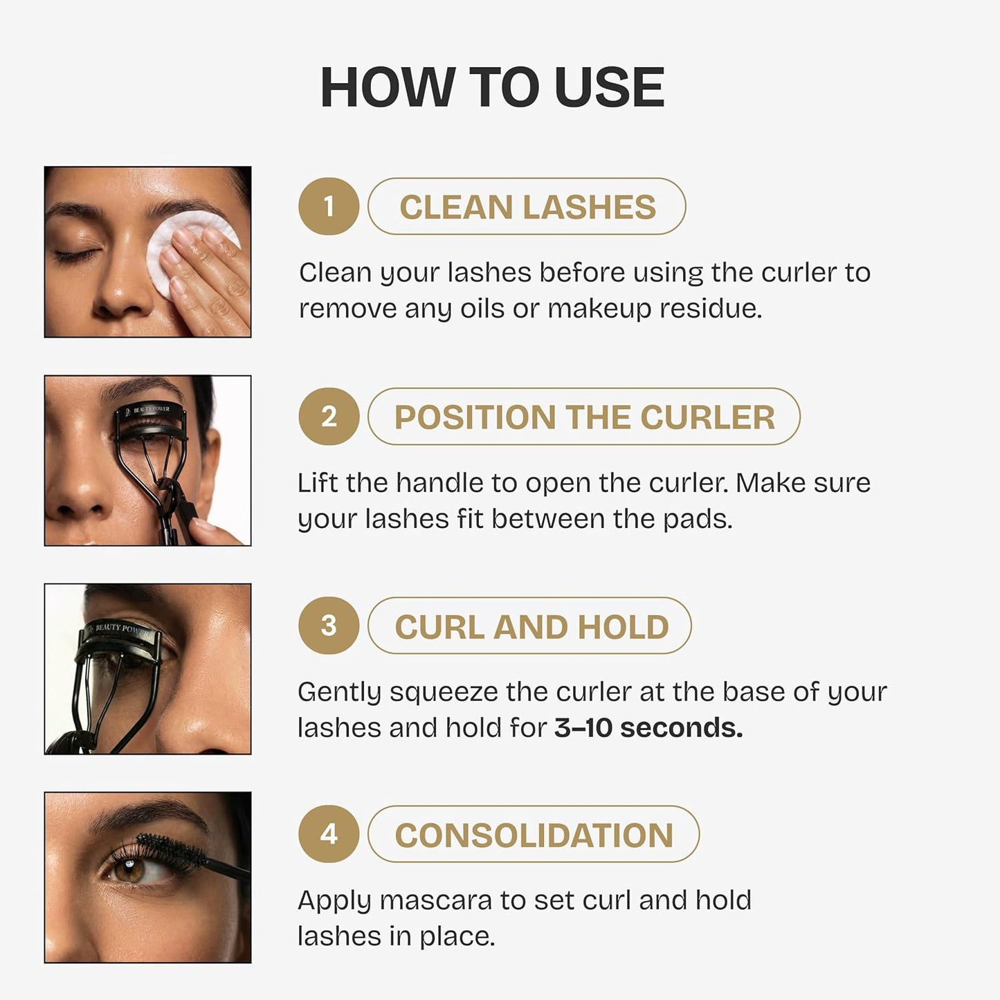Beauty Power Eyelash Curler - Precision Lash Lift in Seconds with 5 Replacement Pads, Eyebrow Brush & Satin Travel Bag - Gentle & Safe, Stainless Steel for Perfect Extra Curls - Gift Idea (Extra Curl)