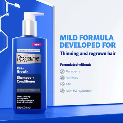 Rogaine Men's Pre-Growth 2 in 1 Shampoo + Conditioner with Triple Acid Complex, Scalp Purifying Shampoo Removes Build-Up To Maximize Hair Regrowth Treatments, Not Minoxidil, 8.4 fl. oz