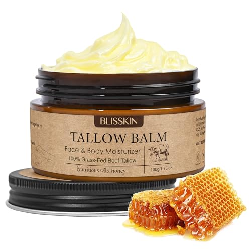 Beef Tallow for Skin Face, Tallow Face Moisturizer based supplies tallow and honey balm with Raw Honey Beeswax 100% Organic Grass-Fed Beef Tallow & Raw Wild Honey Blend Natural Formula for Body & Face