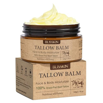 Beef Tallow for Skin Face, Tallow Face Moisturizer based supplies tallow and honey balm with Raw Honey Beeswax 100% Organic Grass-Fed Beef Tallow & Raw Wild Honey Blend Natural Formula for Body & Face