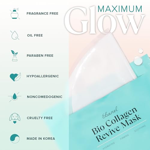 Ebanel Bio Collagen Face Mask, 4-Pack Hydrating Face Masks with 7 Peptides, Hyaluronic Acid, Niacinamide, Centella, Rose Water, Ceramide, and B5, Glass Skin Tightening and Lifting Korean Sheet Masks