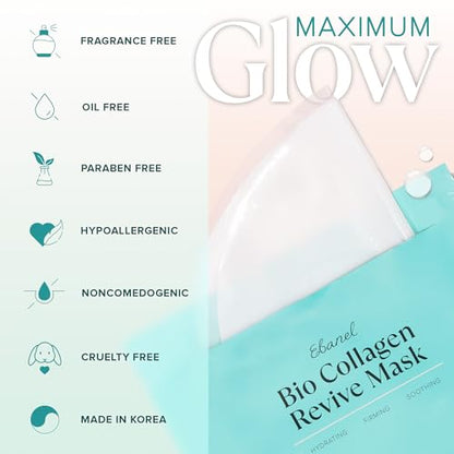 Ebanel Bio Collagen Face Mask, 4-Pack Hydrating Face Masks with 7 Peptides, Hyaluronic Acid, Niacinamide, Centella, Rose Water, Ceramide, and B5, Glass Skin Tightening and Lifting Korean Sheet Masks