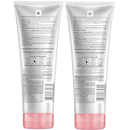 L'Oreal Paris Glossing Sulfate Free Shampoo and Conditioner Set with Glycolic Acid, Hair Care for Lasting Shine and Smoothness for Dull, Dry Hair, EverPure, 1 Kit