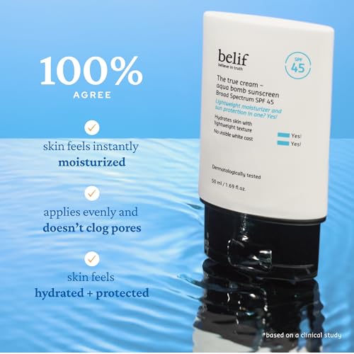 belif Aqua Bomb SPF 45 Hydrating Niacinamide Sunscreen (1.69 fl. oz) - The True Cream PA++++, Daily Broad Spectrum, No White Cast, Weightless & Invisible, Non-Greasy, Korean Skincare