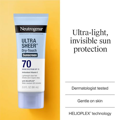 Neutrogena Ultra Sheer Dry-Touch Sunscreen Lotion SPF 70, Broad Spectrum, Water Resistant 80 Min, Oil-Free, Oxybenzone-Free, Non-Comedogenic, Matte Finish, Body Sunscreen, Travel Size 3 Fl Oz