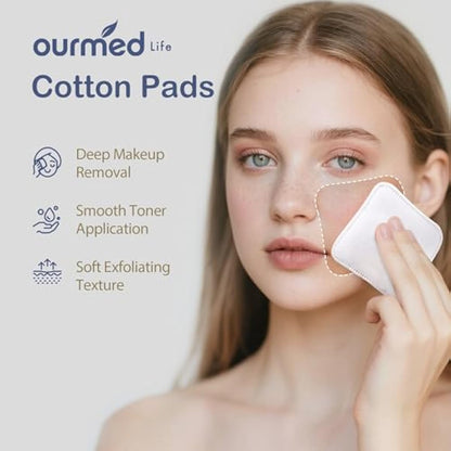 Ourmed Life Large Cotton Pads for Face, Soft & Lint-Free Cotton Rounds with Pressed Seam Design, Durable Facial Cleansing Squares for Face, Ideal Makeup Remover Pads, 3x3 Inch, 60 Count