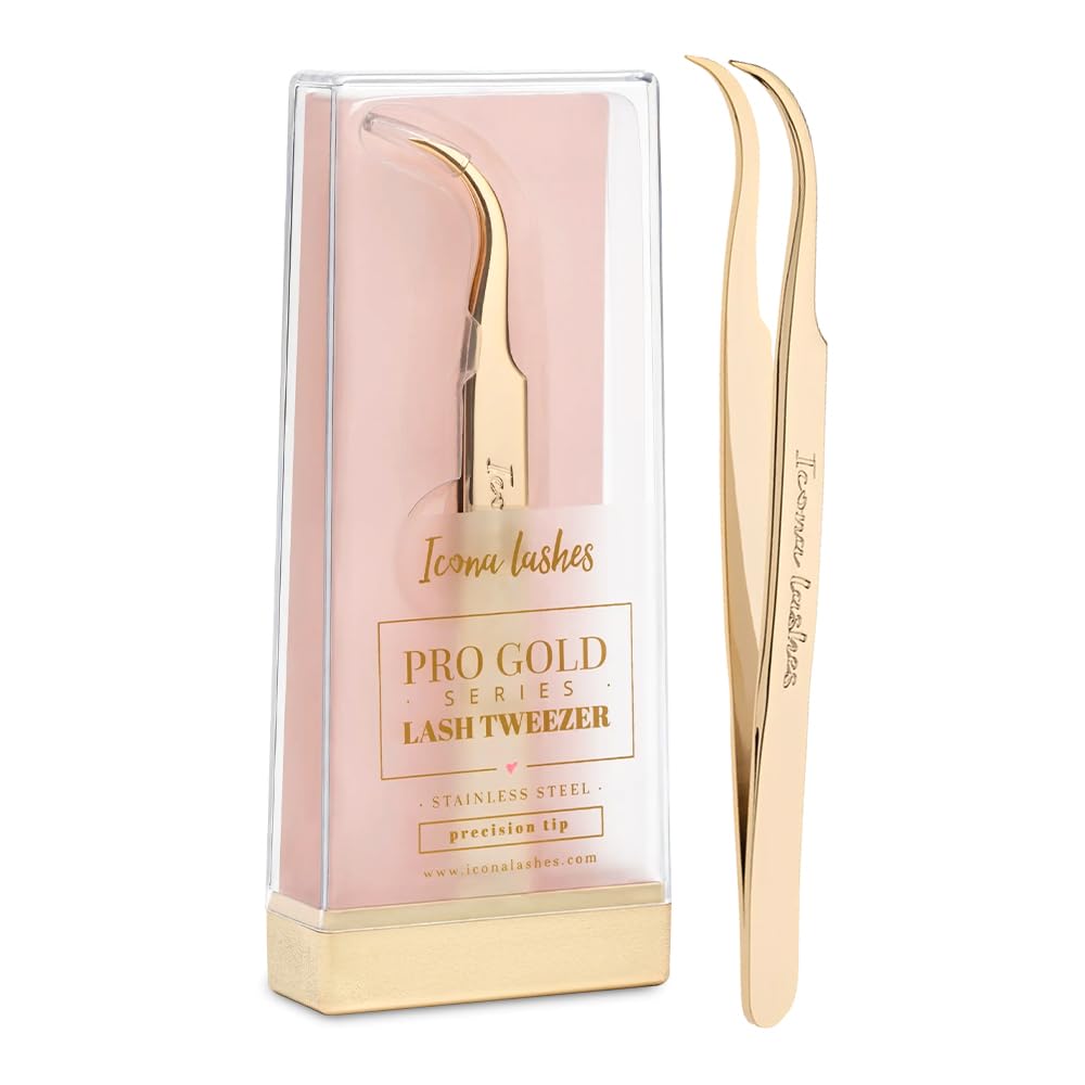Icona Lashes Hair Removal & Eyelash Tweezer - J-curved Tip for Precise Plucking - Applicator Tool for False Eyelash Clusters & Lash Extensions - 24K Gold Plating, Stainless Steel - Case Included