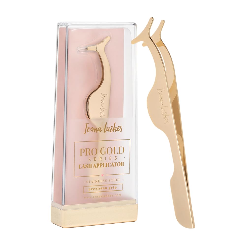 Icona Lashes Hair Removal & Eyelash Tweezer - J-curved Tip for Precise Plucking - Applicator Tool for False Eyelash Clusters & Lash Extensions - 24K Gold Plating, Stainless Steel - Case Included