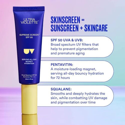 Ultra Violette Supreme Screen SPF 50 Skinscreen Facial Sunscreen Moisturizer and Primer, 1.76 oz
