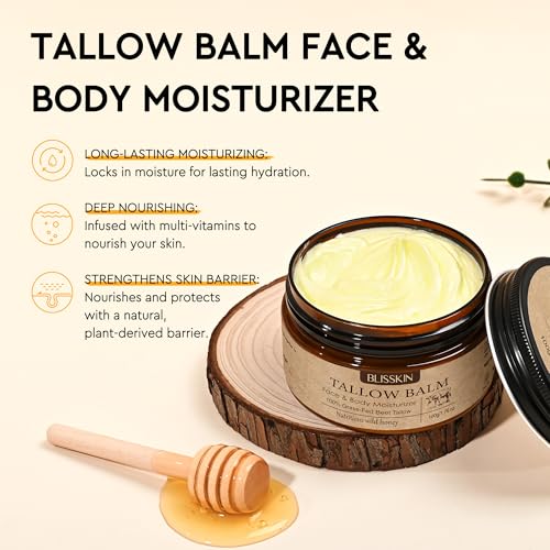 Beef Tallow for Skin Face, Tallow Face Moisturizer based supplies tallow and honey balm with Raw Honey Beeswax 100% Organic Grass-Fed Beef Tallow & Raw Wild Honey Blend Natural Formula for Body & Face