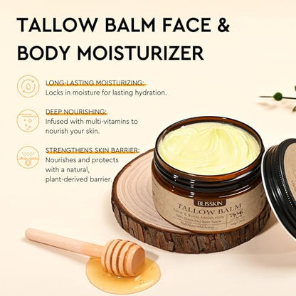 Beef Tallow for Skin Face, Tallow Face Moisturizer based supplies tallow and honey balm with Raw Honey Beeswax 100% Organic Grass-Fed Beef Tallow & Raw Wild Honey Blend Natural Formula for Body & Face