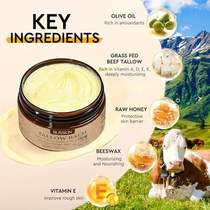 Beef Tallow for Skin Face, Tallow Face Moisturizer based supplies tallow and honey balm with Raw Honey Beeswax 100% Organic Grass-Fed Beef Tallow & Raw Wild Honey Blend Natural Formula for Body & Face