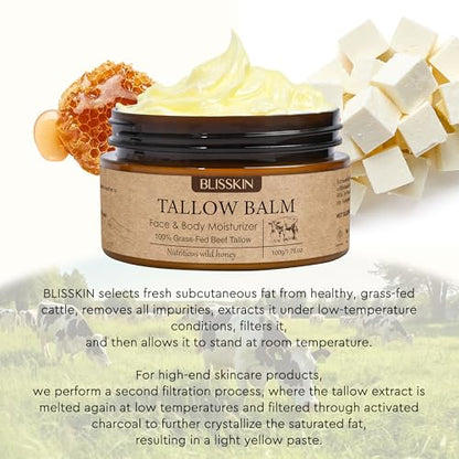 Beef Tallow for Skin Face, Tallow Face Moisturizer based supplies tallow and honey balm with Raw Honey Beeswax 100% Organic Grass-Fed Beef Tallow & Raw Wild Honey Blend Natural Formula for Body & Face