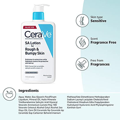 CeraVe SA Lotion for Rough & Bumpy Skin,Vitamin D,Hyaluronic Acid,Lactic Acid,Niacinamide & Salicylic-Acid,Gentle Exfoliating Rough And Bumpy Skin Lotion,19 Ounce,(Pack of 2)
