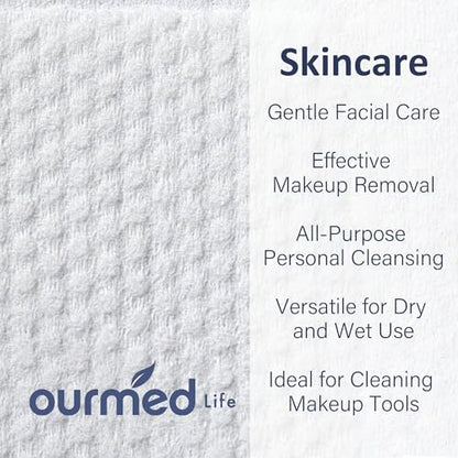 Ourmed Life Face Towels, Disposable Biodegradable Clean Facial Towels for Sensitive Skin, Lint- free Face Cloths for Makeup Remover, Skincare and Women Cleaning, Dry Wipes,100 Count Dot Texture