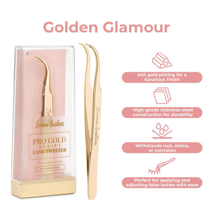 Icona Lashes Hair Removal & Eyelash Tweezer - J-curved Tip for Precise Plucking - Applicator Tool for False Eyelash Clusters & Lash Extensions - 24K Gold Plating, Stainless Steel - Case Included
