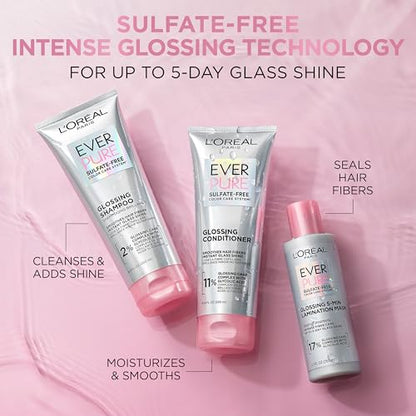 L'Oreal Paris Glossing Sulfate Free Shampoo and Conditioner Set with Glycolic Acid, Hair Care for Lasting Shine and Smoothness for Dull, Dry Hair, EverPure, 1 Kit