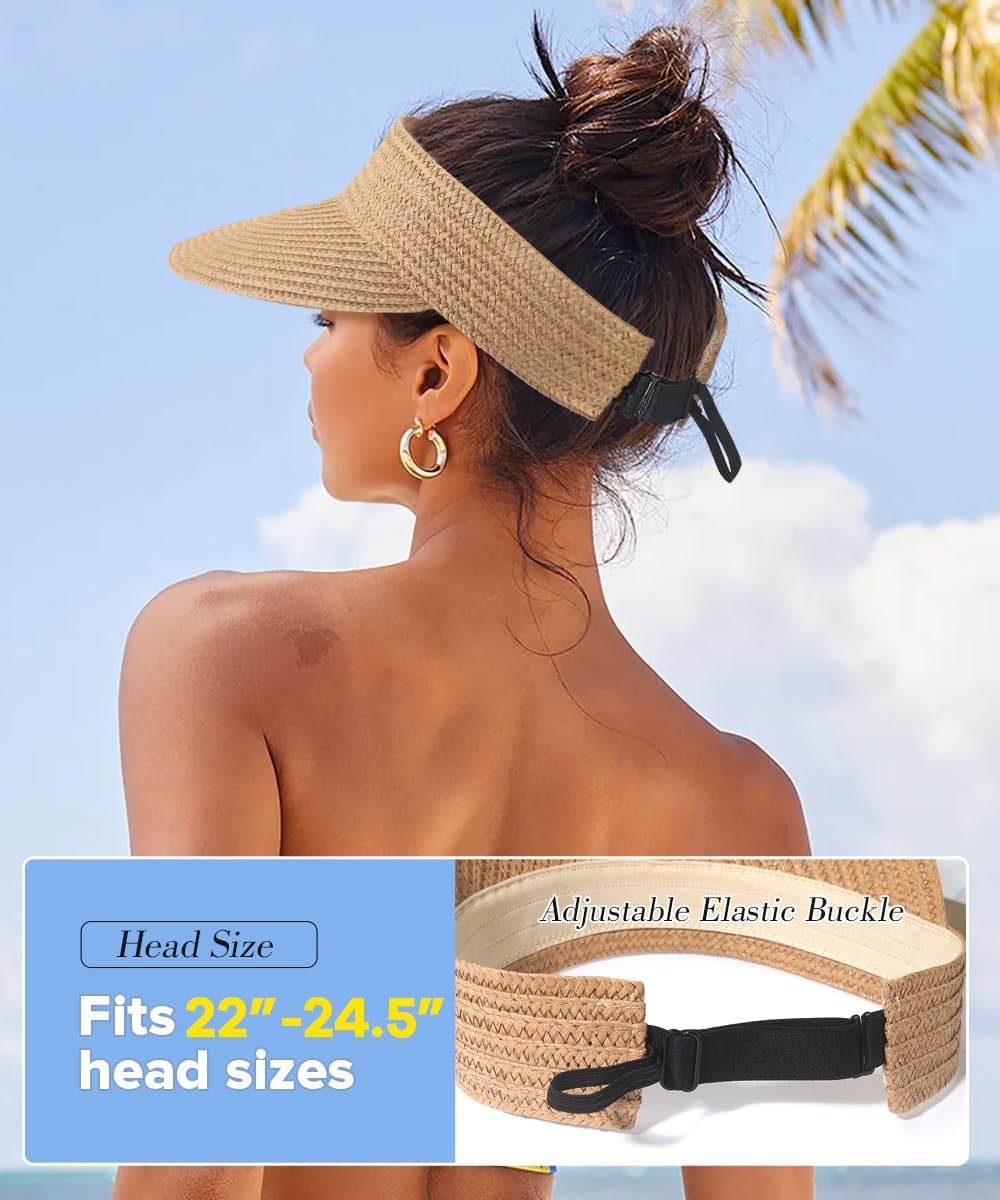 EW EastWater Beach Sun Visor Hats for Women, Wide Brim UPF50+ Sun Protection Straw Hat Packable Foldable for Summer