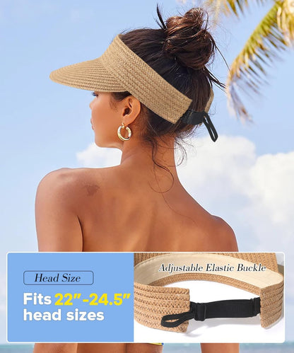 EW EastWater Beach Sun Visor Hats for Women, Wide Brim UPF50+ Sun Protection Straw Hat Packable Foldable for Summer
