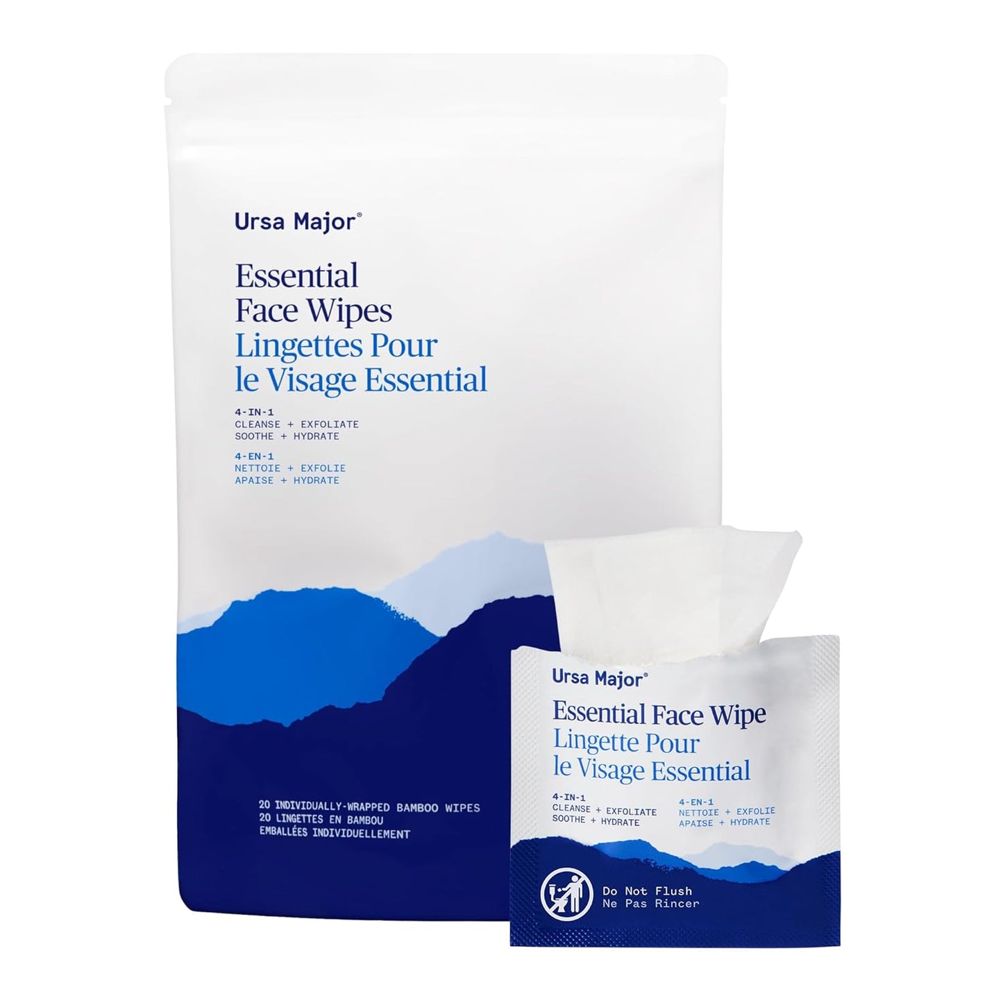 Ursa Major Essential Face Wipes | Natural, Biodegradable, Cruelty-Free | Cleanse, Exfoliate, Soothe and Hydrate | Individually Wrapped | 40 count