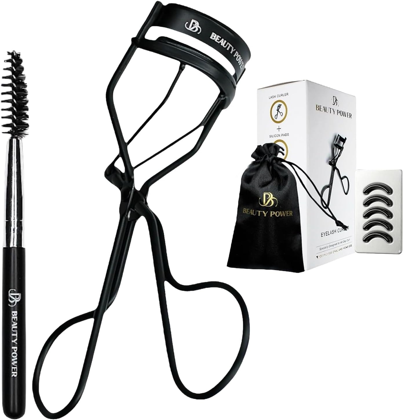 Beauty Power Eyelash Curler - Precision Lash Lift in Seconds with 5 Replacement Pads, Eyebrow Brush & Satin Travel Bag - Gentle & Safe, Stainless Steel for Perfect Extra Curls - Gift Idea (Extra Curl)