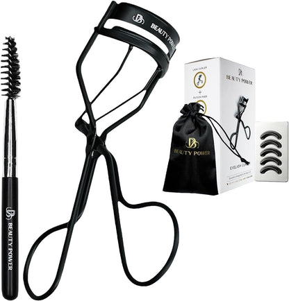Beauty Power Eyelash Curler - Precision Lash Lift in Seconds with 5 Replacement Pads, Eyebrow Brush & Satin Travel Bag - Gentle & Safe, Stainless Steel for Perfect Extra Curls - Gift Idea (Extra Curl)