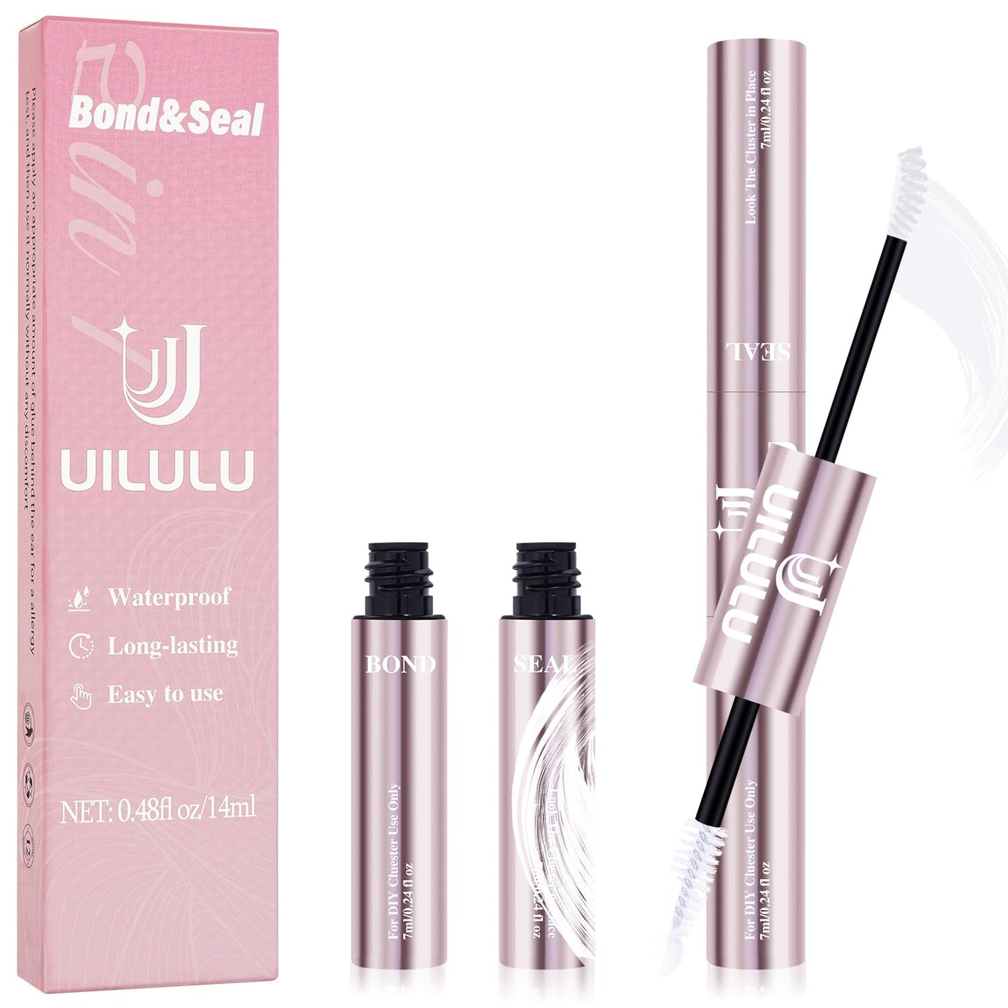 Uilulu Lash Cluster Glue, Lash Bond and Seal for Eyelash Clusters Black 2-in-1 Glue DIY at Home Use Hold Long-Lasting Eyelash Adhesive(7ml+7ml)