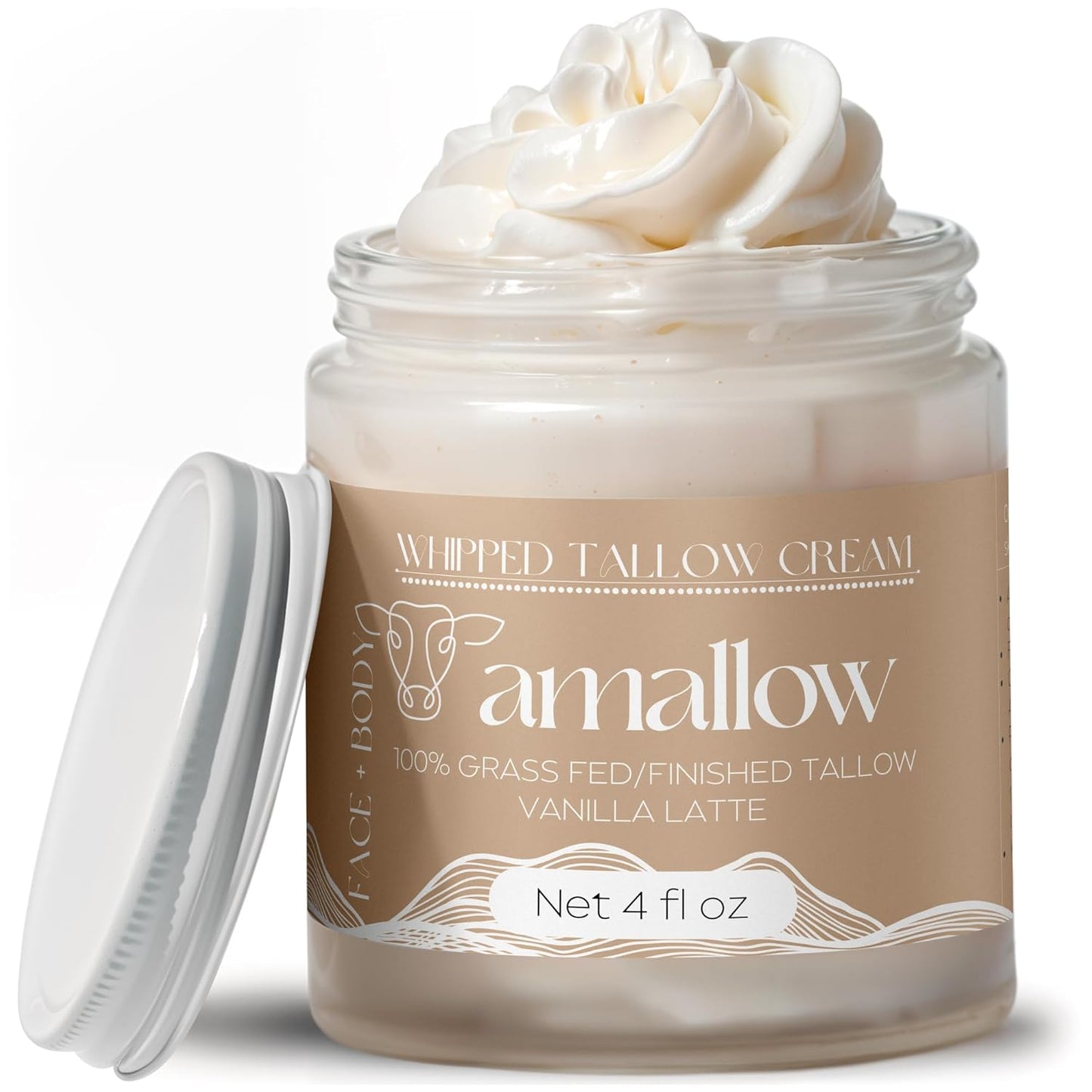 Amallow 100% Grass Fed Beef Tallow for Skin Care - Face + Body - Whipped Moisturizer for Sensitive Skin - Natural Lotion, 4 FL. oz. (Unscented)