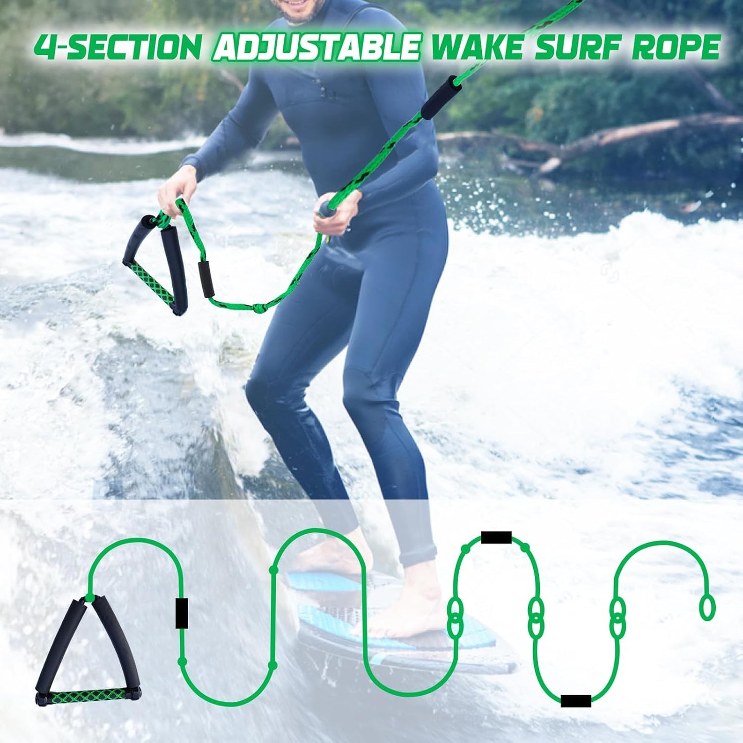 Wakesurf Rope - ASVAEVAS 25ft Floating Wake Surf Ropes and Handle, 4 Sections Adjustable Surf Tow Rope for Wakesurfing and Watersports
