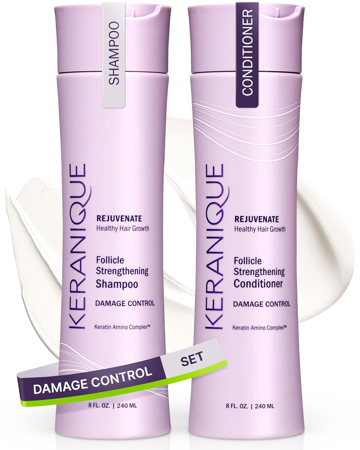 Keranique Volumizing Shampoo & Conditioner Set for Hair Repair, Growth & Thinning Hair Support – Keratin, Biotin, Menthol & Niacinamide, Lightweight Strengthening Formula - Keratin Amino Complex™