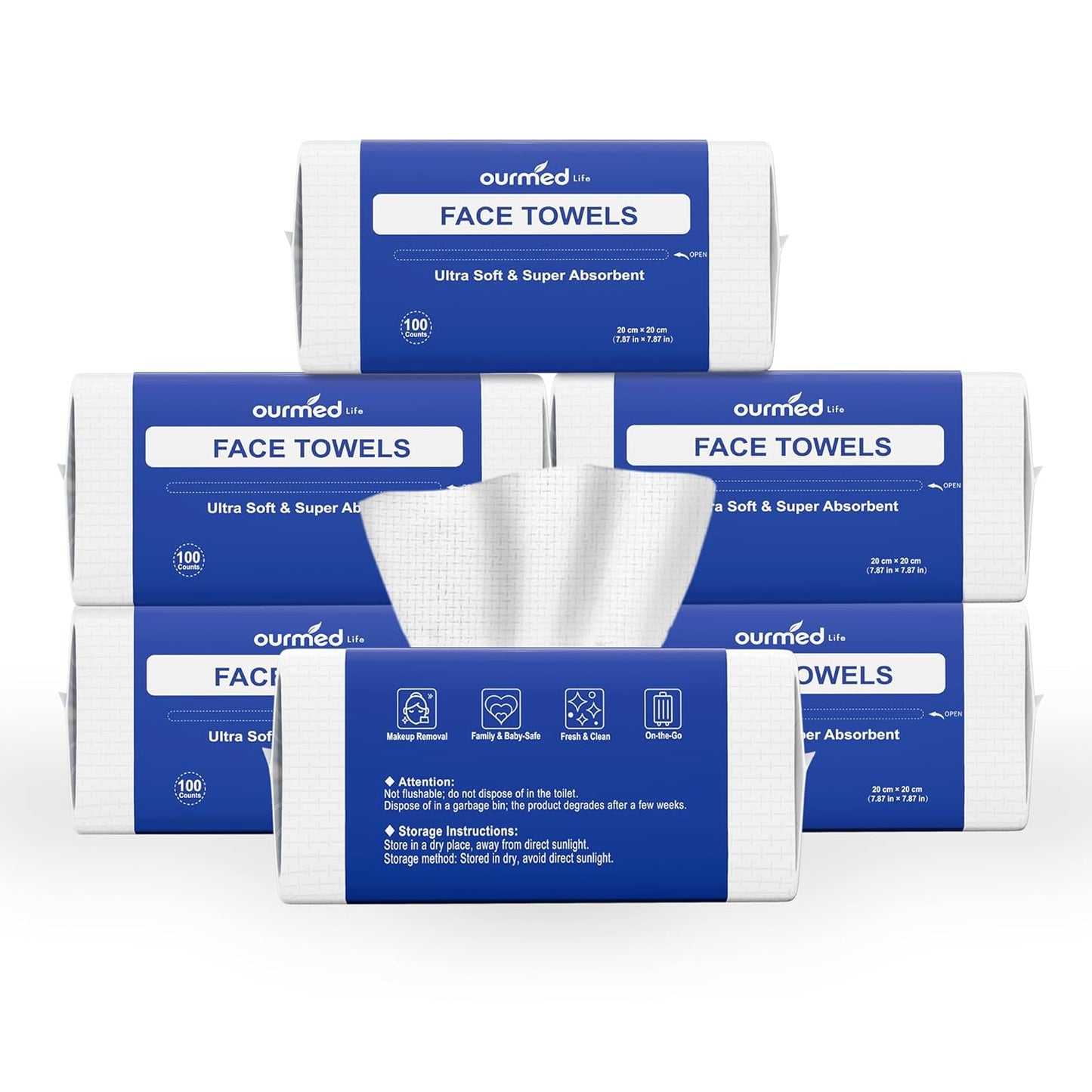 Ourmed Life Face Towels, Disposable Biodegradable Clean Facial Towels for Sensitive Skin, Lint- free Face Cloths for Makeup Remover, Skincare and Women Cleaning, Dry Wipes,100 Count Dot Texture