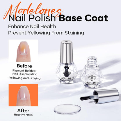 modelones Nail Polish Top Coat and Base Coat Set, Clear Quick Dry Nail Polish, High Gloss Shiny Long Lasting No Wipe Base Top Coat Set, Air Dry Fast Nail Art Design Manicure Gifts for Women
