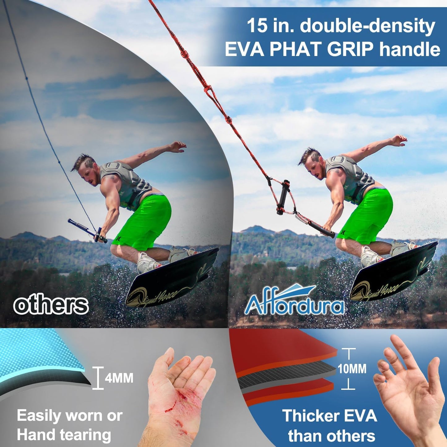 Affordura Wakeboard Rope 75 Feet Water Ski Rope with Handle Ski Ropes for Watersports, Ski Tow Rope for Tubing 4 Sections Tube Tow Rope for Watersports, Storage Bag Included