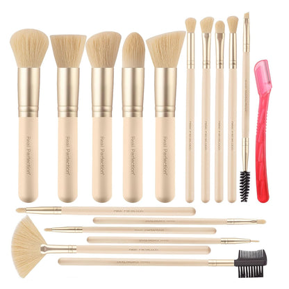 Real Perfection Makeup Brush Set 16 Pcs with 1 Eyebrow Razor Premium Synthetic Foundation Powder Concealers Eyeshadow Blush Makeup Brushes Make up Brushes Kit (Beige)