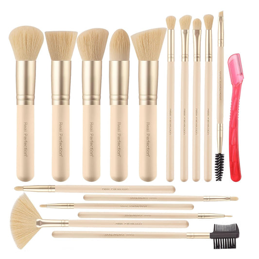 Real Perfection Makeup Brush Set 16 Pcs with 1 Eyebrow Razor Premium Synthetic Foundation Powder Concealers Eyeshadow Blush Makeup Brushes Make up Brushes Kit (Beige)
