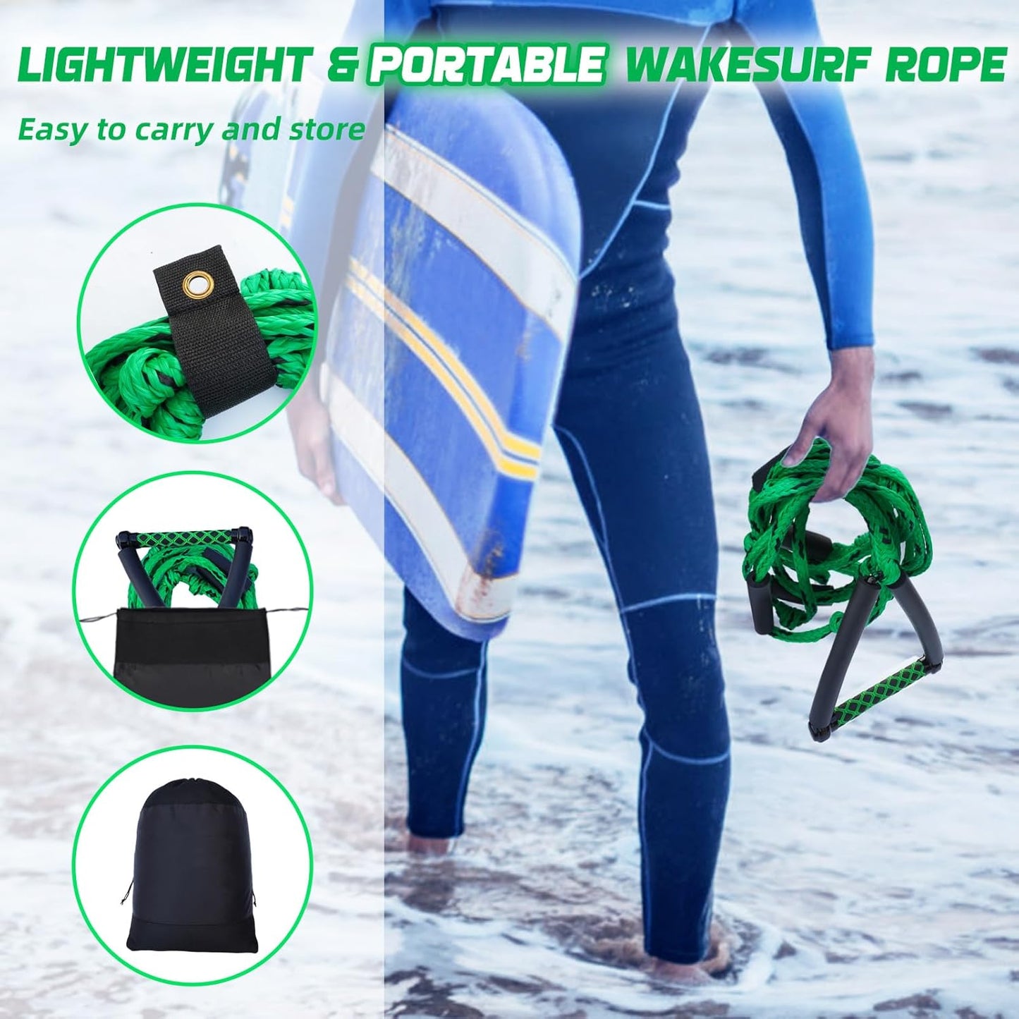 Wakesurf Rope - ASVAEVAS 25ft Floating Wake Surf Ropes and Handle, 4 Sections Adjustable Surf Tow Rope for Wakesurfing and Watersports