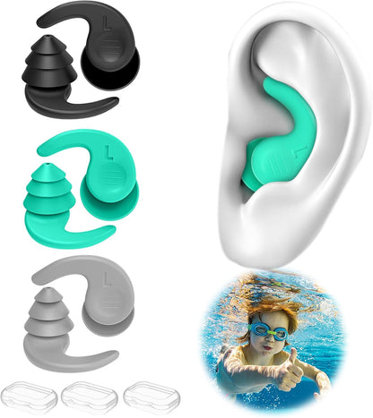 Swimming Ear Plugs for Adults, 4 Pairs Waterproof Reusable Silicone Swim Earplugs with Removable Cord, Perfect for Swimming, Showering, Surfing and Other Water Sports - Two Wearing Styles