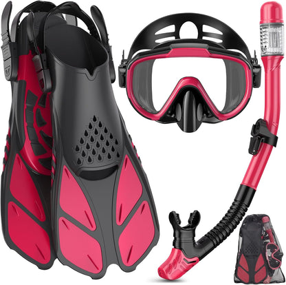 Ubekezele Snorkeling Gear for Adults Men Women,4 in 1 Snorkel Set with Panoramic View Diving Mask Anti-Fog Anti-Leak,Dry Top Snorkel,Fins and Travel Bag for Swimming,Snorkeling and Travel Diving