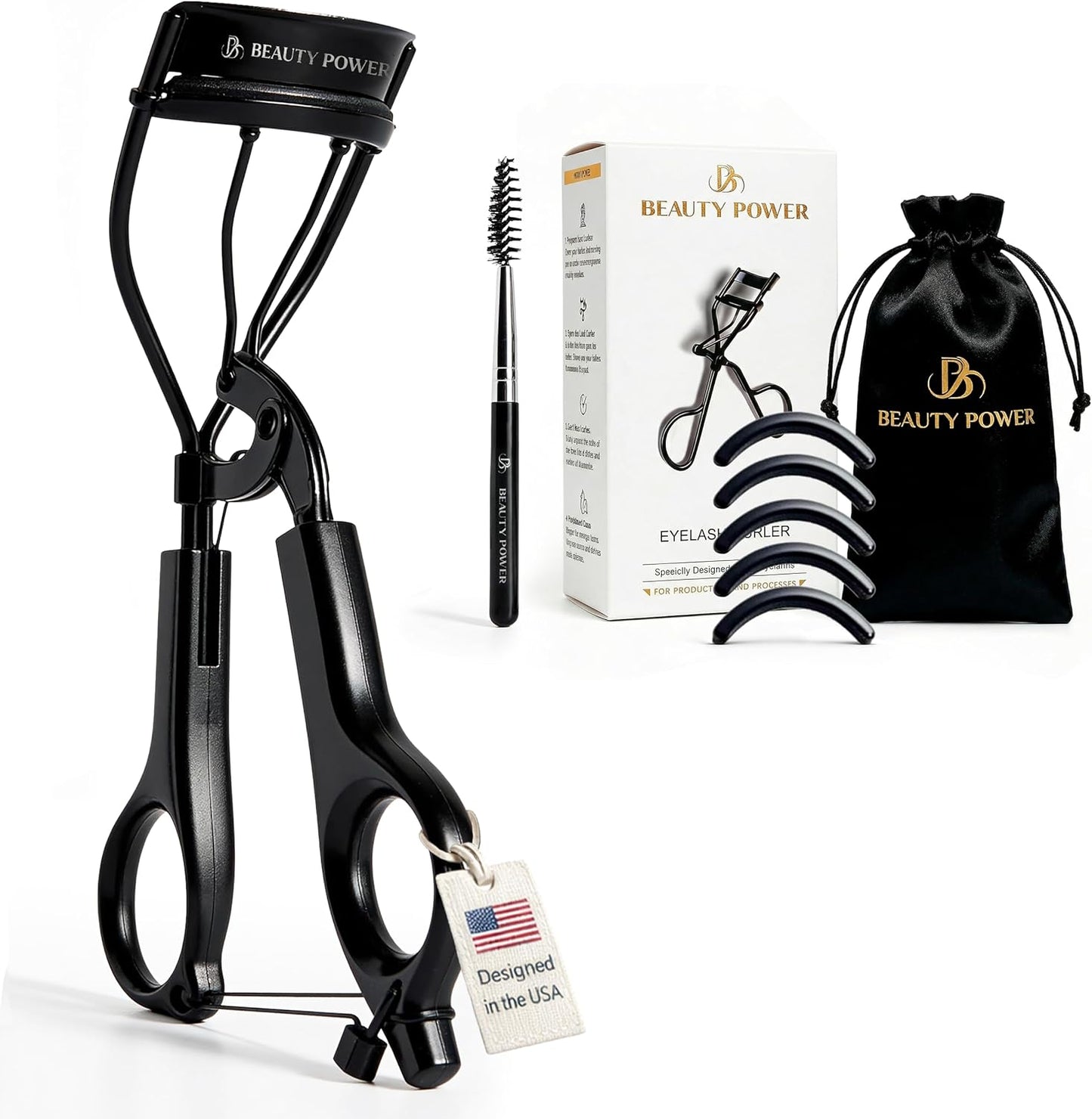 Beauty Power Eyelash Curler - Precision Lash Lift in Seconds with 5 Replacement Pads, Eyebrow Brush & Satin Travel Bag - Gentle & Safe, Stainless Steel for Perfect Extra Curls - Gift Idea (Extra Curl)
