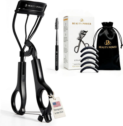 Beauty Power Eyelash Curler - Precision Lash Lift in Seconds with 5 Replacement Pads, Eyebrow Brush & Satin Travel Bag - Gentle & Safe, Stainless Steel for Perfect Extra Curls - Gift Idea (Extra Curl)