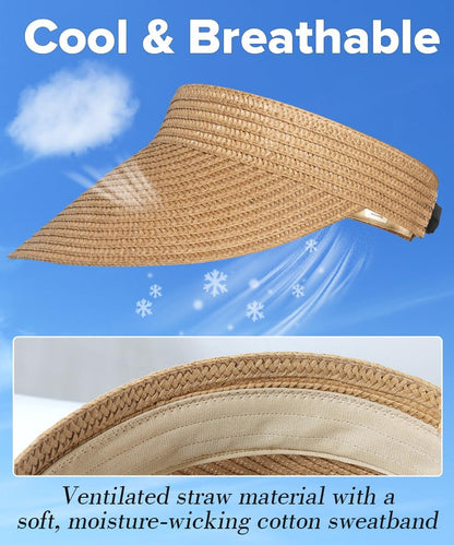 EW EastWater Beach Sun Visor Hats for Women, Wide Brim UPF50+ Sun Protection Straw Hat Packable Foldable for Summer