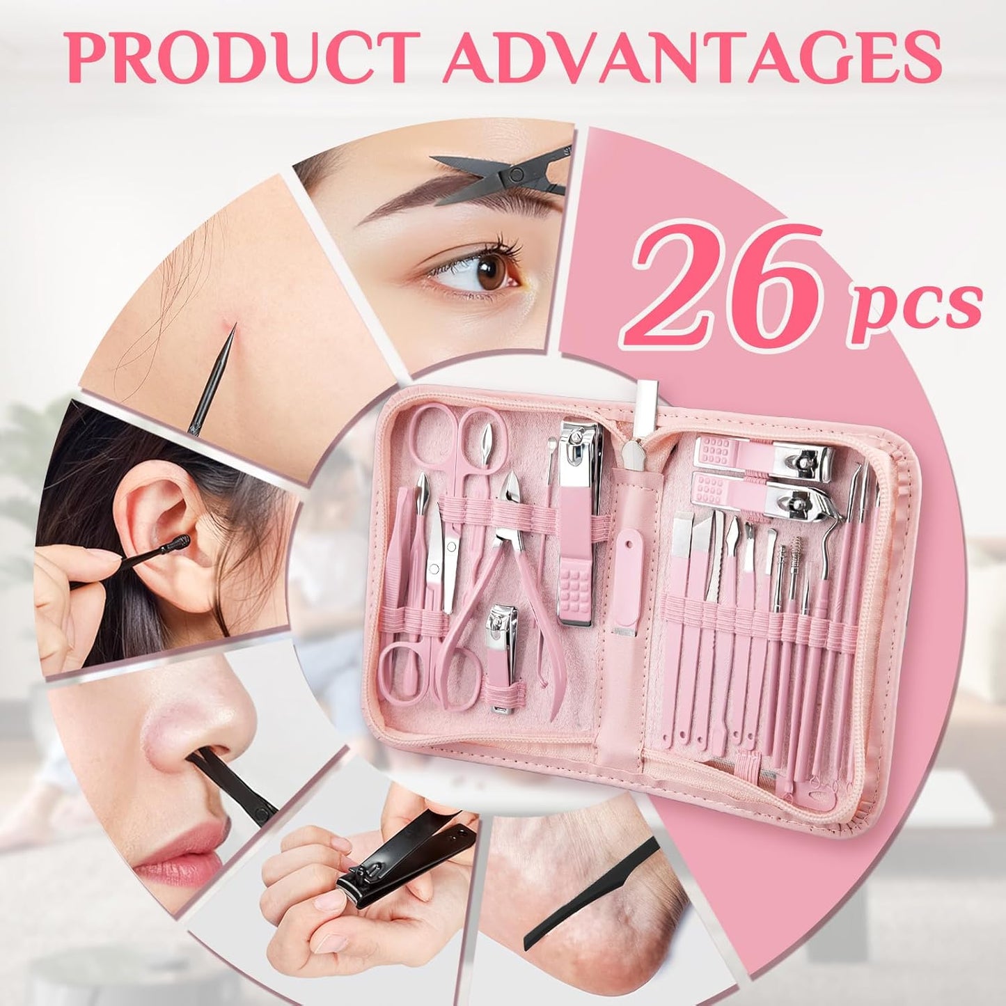 MINKINH 26-Piece Professional Manicure Set，Features Stainless Steel Tools, Carbon Steel Clippers & Travel Case for Women's Home and Travel Grooming，Mother's Day Gifts(Pink)