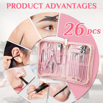 MINKINH 26-Piece Professional Manicure Set，Features Stainless Steel Tools, Carbon Steel Clippers & Travel Case for Women's Home and Travel Grooming，Mother's Day Gifts(Pink)