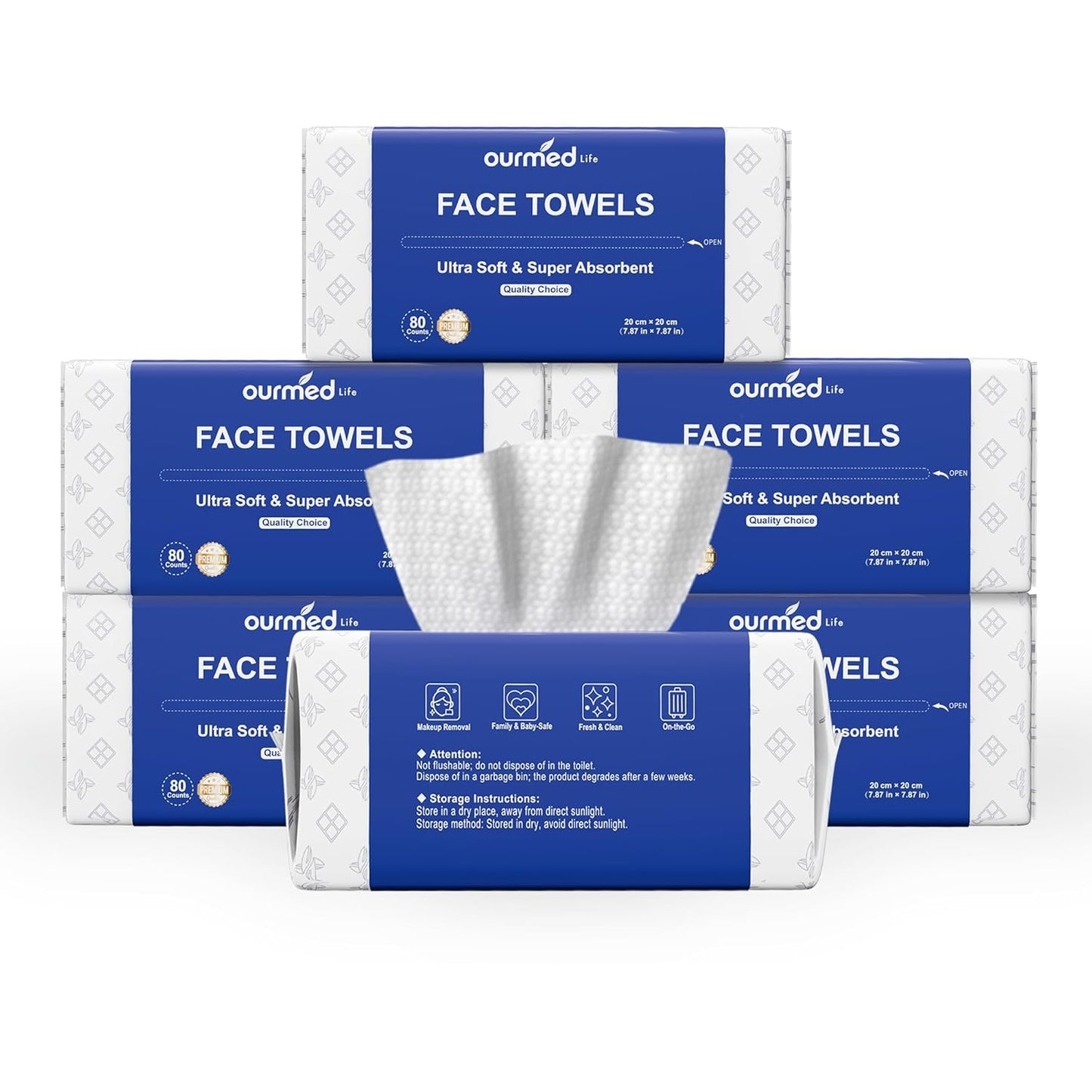 Ourmed Life Face Towels, Disposable Biodegradable Clean Facial Towels for Sensitive Skin, Lint- free Face Cloths for Makeup Remover, Skincare and Women Cleaning, Dry Wipes,100 Count Dot Texture