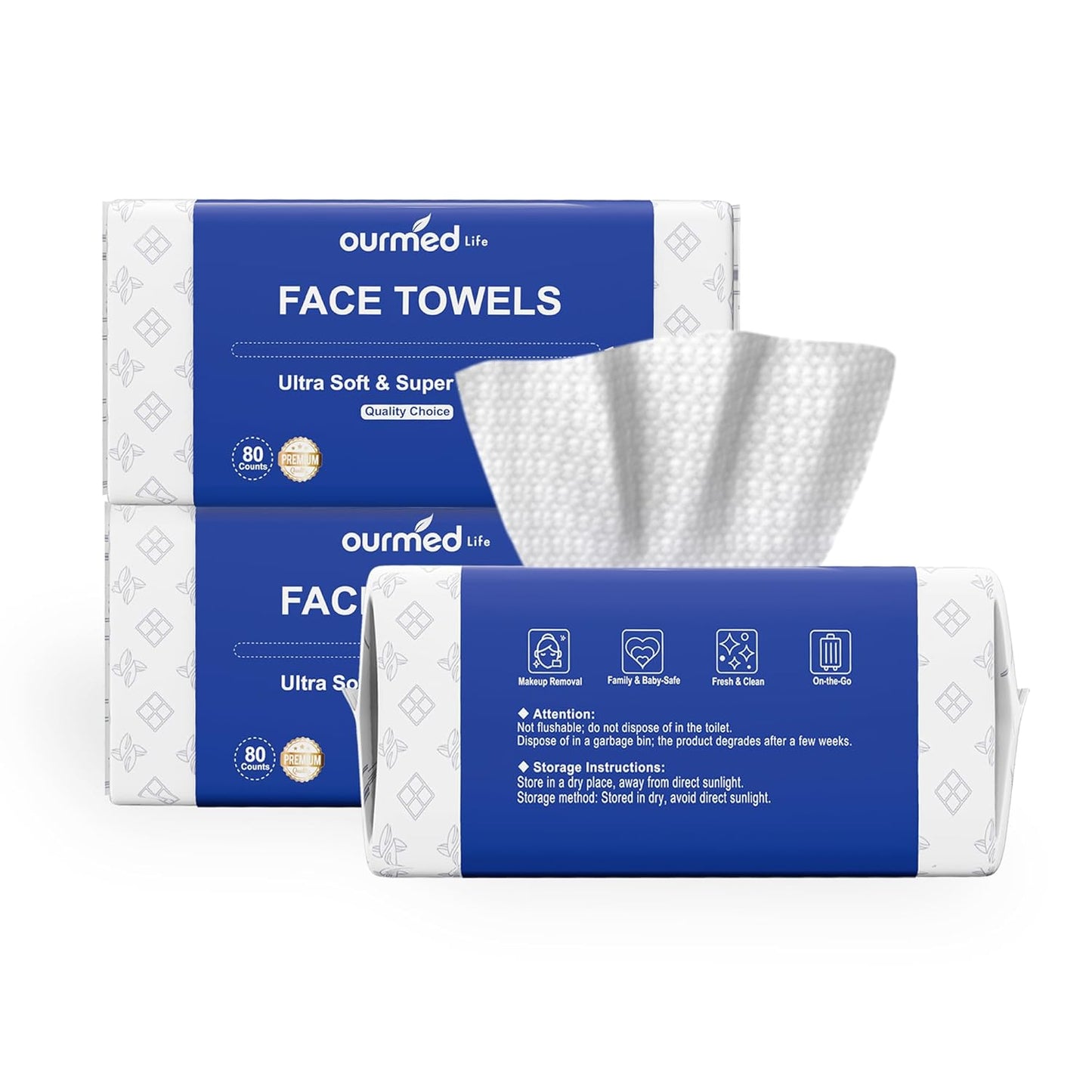 Ourmed Life Face Towels, Disposable Biodegradable Clean Facial Towels for Sensitive Skin, Lint- free Face Cloths for Makeup Remover, Skincare and Women Cleaning, Dry Wipes,100 Count Dot Texture