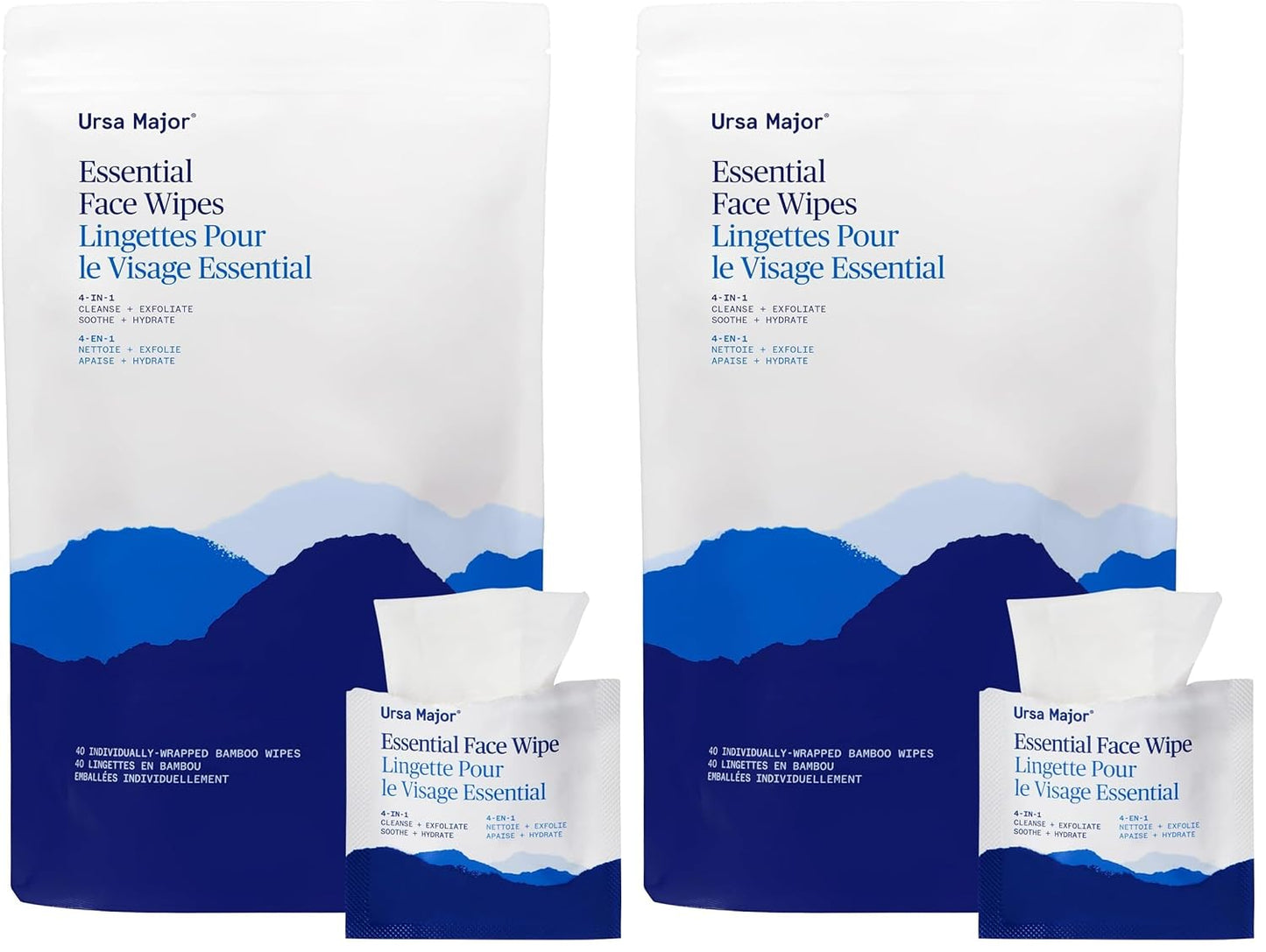 Ursa Major Essential Face Wipes | Natural, Biodegradable, Cruelty-Free | Cleanse, Exfoliate, Soothe and Hydrate | Individually Wrapped | 40 count