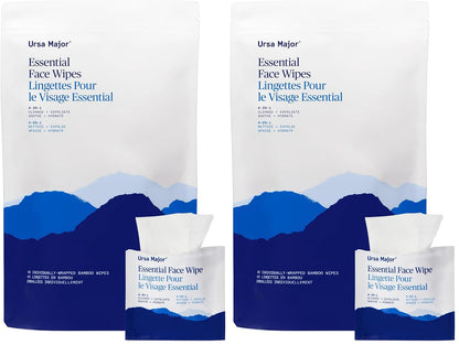 Ursa Major Essential Face Wipes | Natural, Biodegradable, Cruelty-Free | Cleanse, Exfoliate, Soothe and Hydrate | Individually Wrapped | 40 count