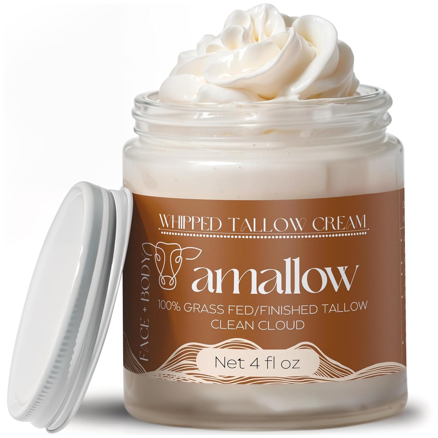 Amallow 100% Grass Fed Beef Tallow for Skin Care - Face + Body - Whipped Moisturizer for Sensitive Skin - Natural Lotion, 4 FL. oz. (Unscented)