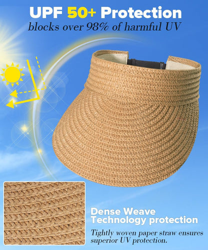 EW EastWater Beach Sun Visor Hats for Women, Wide Brim UPF50+ Sun Protection Straw Hat Packable Foldable for Summer